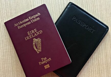 A crimson Irish passport out of its holder