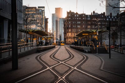 Tramlines at sunset in Manchester