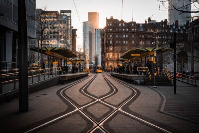 Tramlines at sunset in Manchester city centre, United Kingdom.