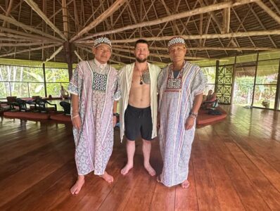 Will Hatton with two of the shamans at the end of his Ayahuasca retreat