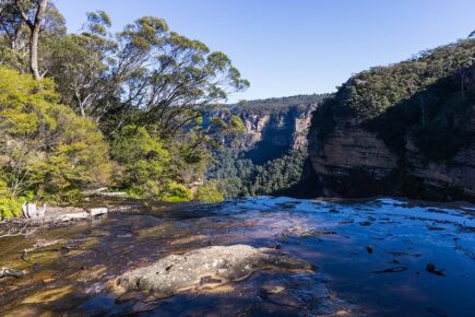 Looking out over Wentworth Falls in the Blue Mountains in New South Wales, Australia