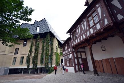 Quaint streets and wooden buildings in Basel, Switzerland