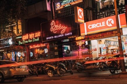 A busy street full of lights in Saigon, Vietnam