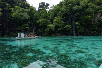 A limestone peak covered in jungle juts out of clear green-blue sea water in Coron, Philippines.