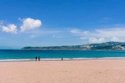 The beach with beautiful blue sea in Tangier, Morocco.