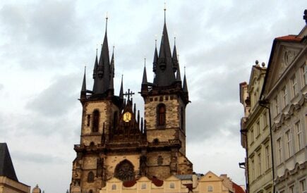 The dark medieval towers of the cathedral in Prague, Czech Republic.