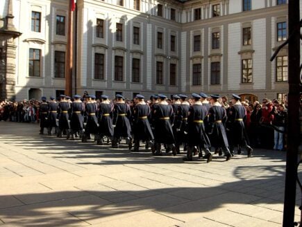 Soldiers marching outside the castle in Prague, Czech Republic