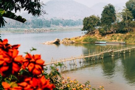 A bamboo bridge crossing a river near the Mekong in Luang Prabang
