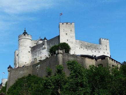 A shot looking up to a castle in Nonnberg, Salzburg