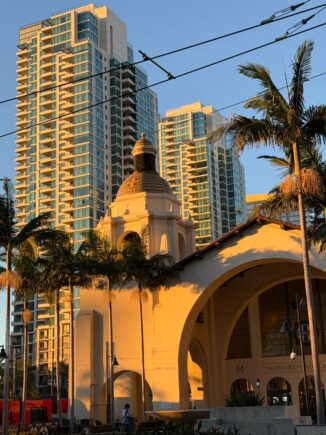 The Spanish colonial building with the high in the back